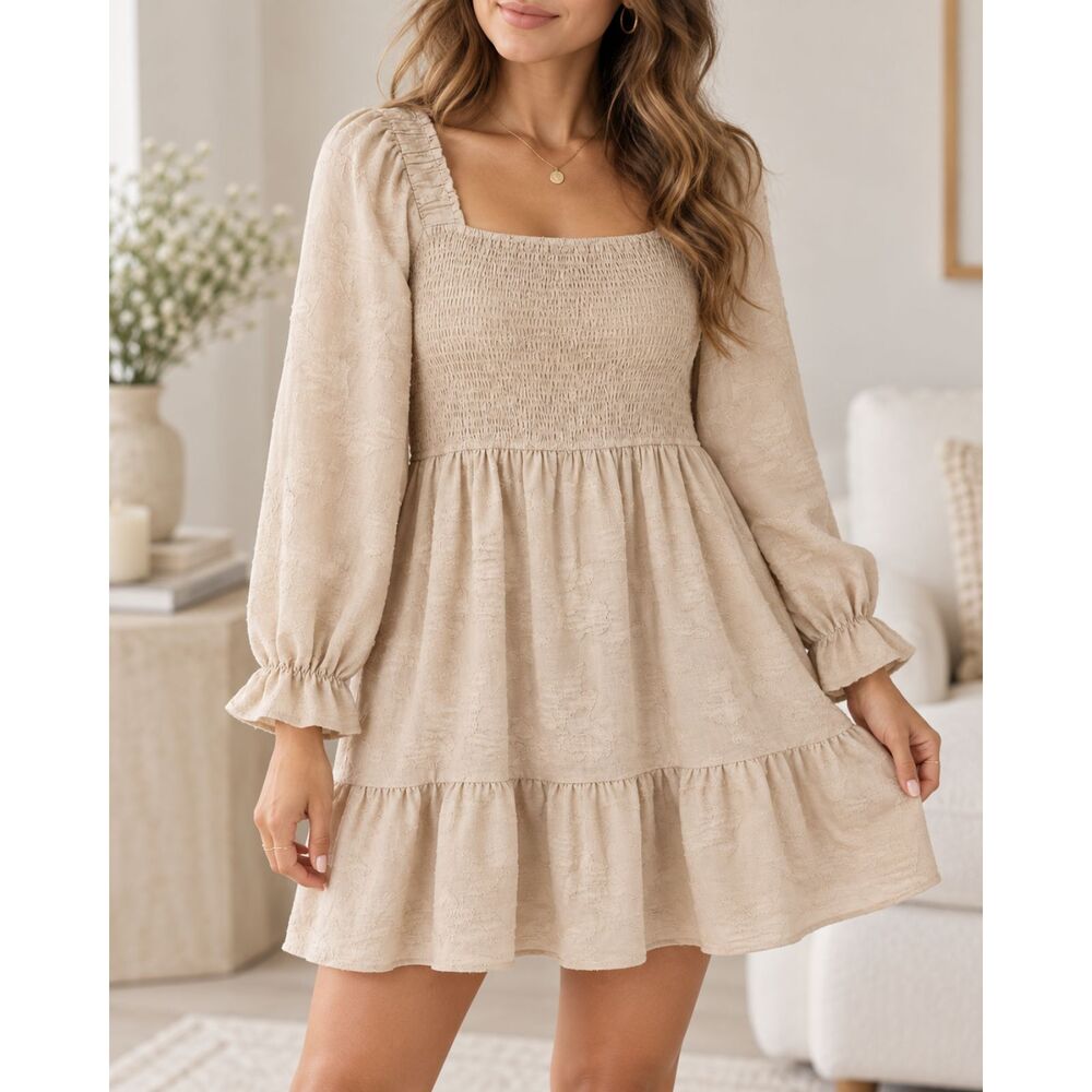 Simplee Beige Smocked Tiered Mini Dress | Size Large